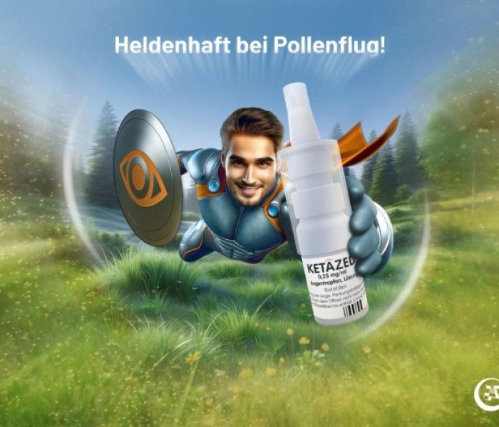 Ketazed Superheld fliegt über Blumenwiese: Heldenhaft bei Pollenflug! (Foto: TRB Chemedica AG, KI-generiert)